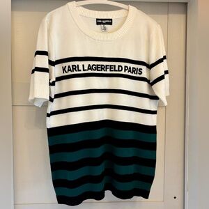 Karl Lagerfeld Paris, White, Black & Teal Striped Short Sleeve Knit